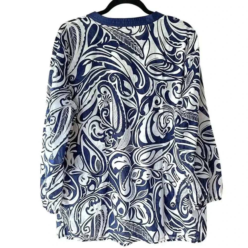 TALBOTS NWOT SPLIT NECK TUNIC PAISLEY 3/4 SLEEVE NAVY BLUE WHITE | SIZE: LARGE - Picture 6 of 8